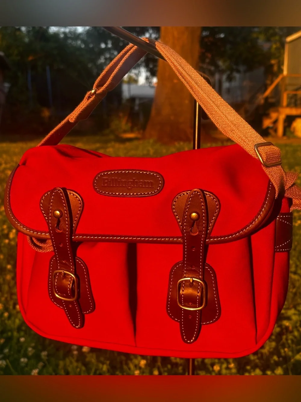 Billingham Red/Brown Canvas Camera Shoulder Bag w/ Strap Compartments 62492